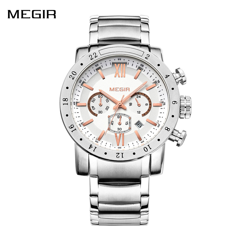 Smartwatch Watches For Men Digital - MEGIR นาฬิกาลำลองสแตนเลสสำหรับผู้ชายกันน้ำหน้าปัดเรืองแสงผู้ชายควอตซ์นาฬิกาข้อมือธุรกิจพร้อมโครโนกราฟวันที่อัตโนมัติ