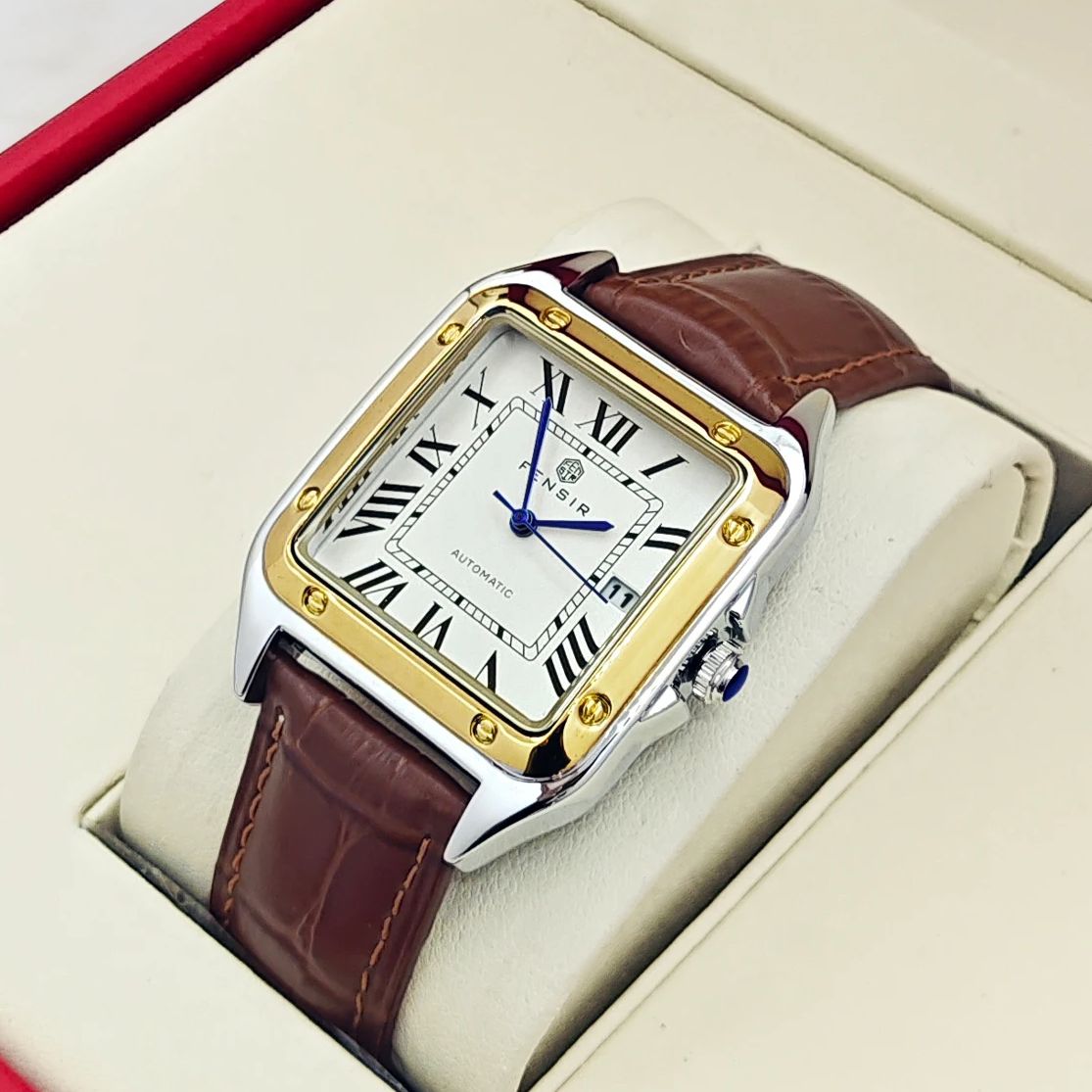 Smartwatch Watches Brand Name - นาฬิกาควอทซ์ผู้ชายแนวธุรกิจลำลองระดับไฮเอนด์รุ่นใหม่ หน้าปัดทรงสี่เหลี่ยม แสดงปฏิทินกันน้ำ สายหนัง สไตล์ยุโรปและอเมริกา ทันสมัย