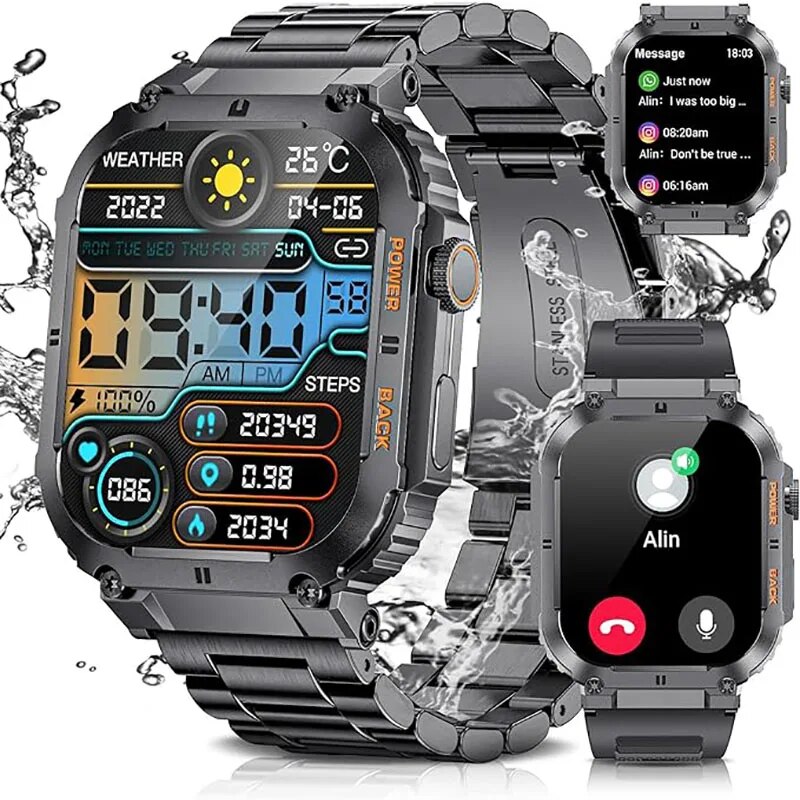Smartwatch Watches With Bluetooth - Lige สมาร์ทวอทช์ออกกำลังกายกลางแจ้ง, สมาร์ทวอทช์สำหรับผู้ชายหน้าจอ1.96นิ้วนาฬิกาบลูทูธกันน้ำนาฬิกาออกซิเจนในเลือด