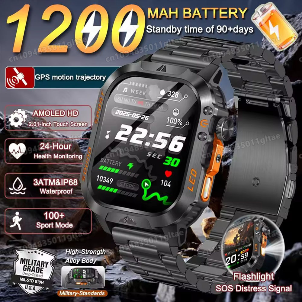 Smartwatch Health Watches - 2026 ใหม่นาฬิกาสมาร์ททหารผู้ชาย IP67 3ATM กีฬากลางแจ้งฟิตเนสติดตามความดันโลหิตสุขภาพ BT