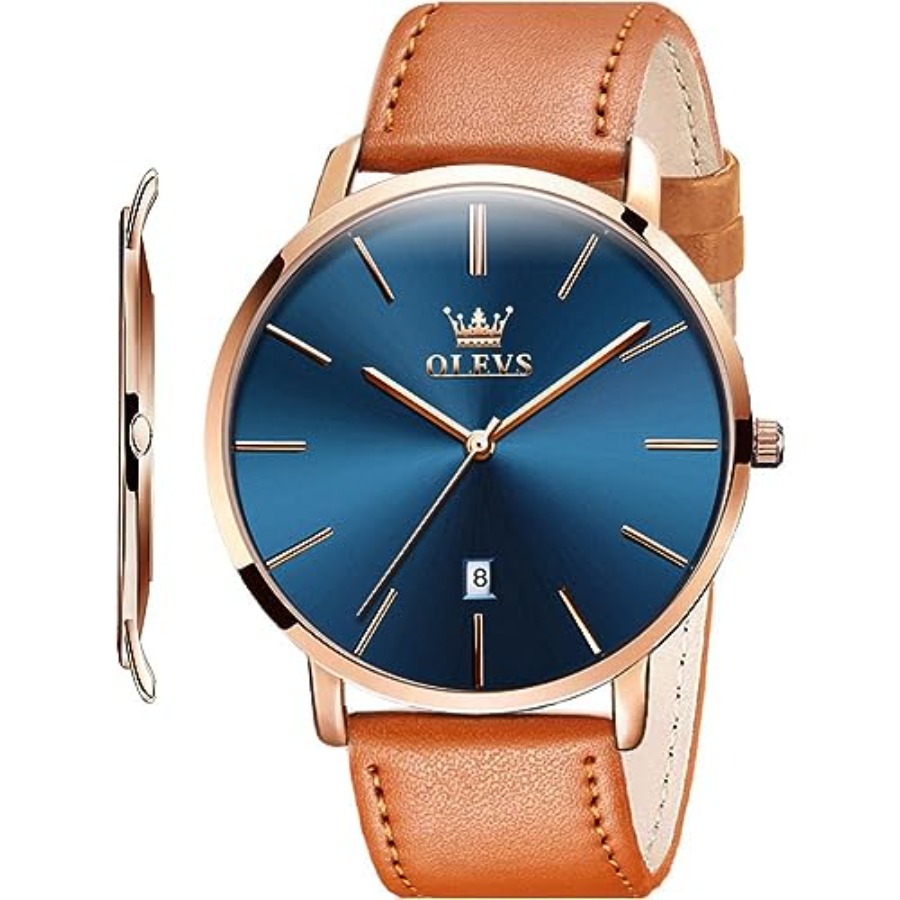 Smartwatch Watches For Men Digital - OLEVS นาฬิกาหนังผู้ชายสีดำบางเฉียบ 6.5 มม. แฟชั่นเรียบง่ายสบายๆกันน้ำนาฬิกาวันที่สำหรับผู้ชาย