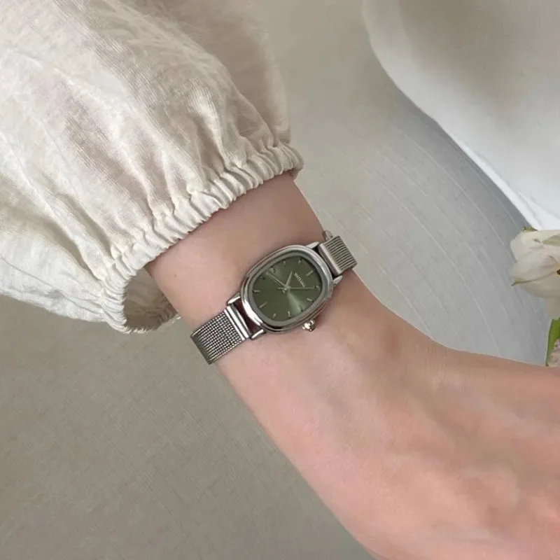 Minimalist Thin Watch - รูปไข่ขนาดเล็ก Dial สีเขียวนาฬิกาสแตนเลสสุภาพสตรีนาฬิกาข้อมือแบรนด์ผู้หญิงหรูหราของขวัญควอตซ์นาฬิกา Dropshipping