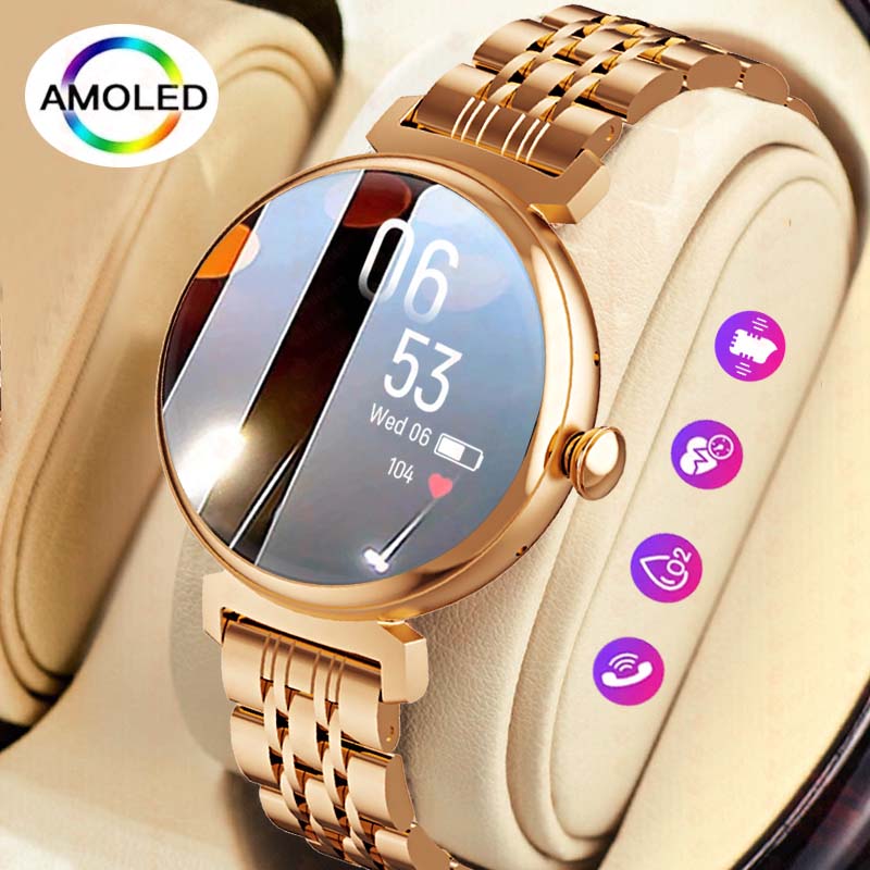 Watches Ladies Smartwatch - หน้าจอ AMOLED ขนาด 1.04 นิ้วแฟชั่นผู้หญิงหน้าจอนาฬิกาอัจฉริยะแสดงการโทรผ่านบลูทูธสมาร์ทวอทช์ตัวโลหะนาฬิกาหน้าจอขนาดเล็ก